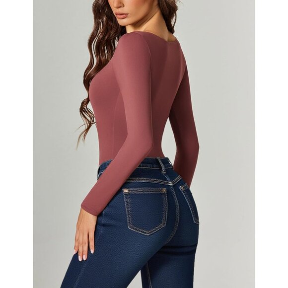 ⚡Brown Avidlove Long Sleeve Bodysuit for Women Scoop Neck Cutout Slim Leotard - Picture 3 of 6